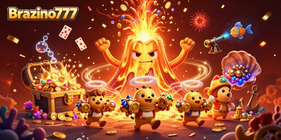 Brazino777 captivates with a vibrant, triumphant volcano scene overflowing with treasure, igniting excitement.