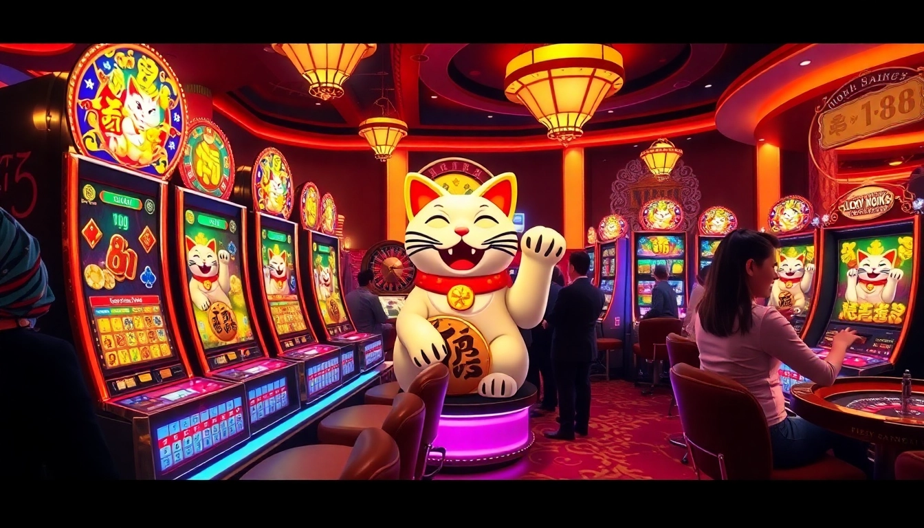 Exciting gameplay on the Lucky Neko PG Soft 6 รีล slot machine in a luxurious casino atmosphere.