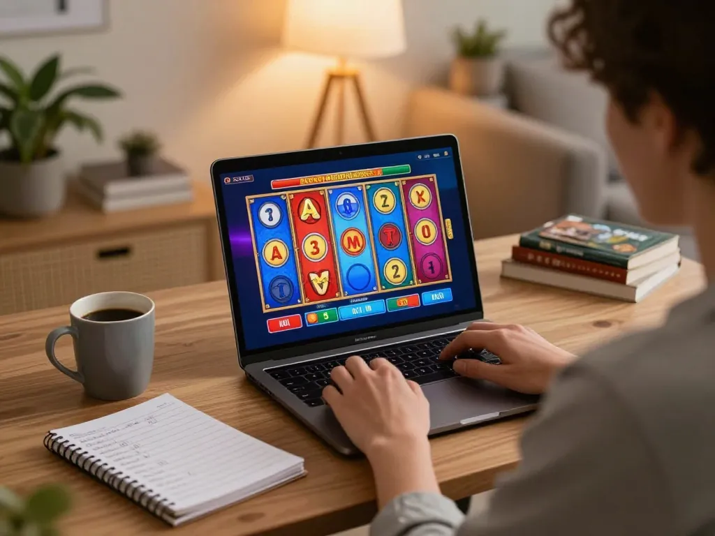 Engaged user playing at home with casinoatlas online gaming setup featuring slot game on screen