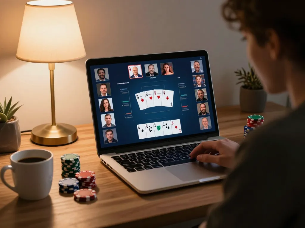 Engaged player strategizing online poker at nhà cái 98win, emphasizing responsible gaming.