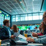 Engaged bettors analyzing live odds in a professional sports betting environment.