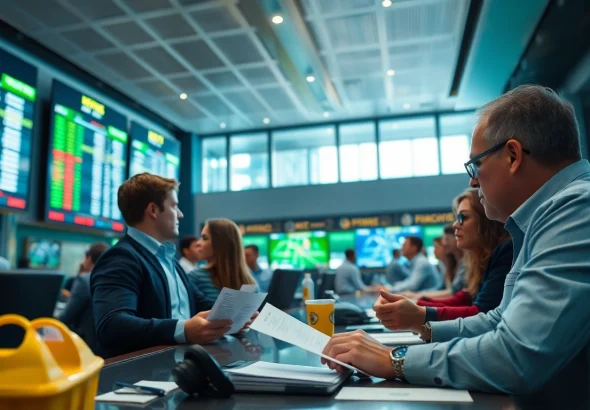 Engaged bettors analyzing live odds in a professional sports betting environment.