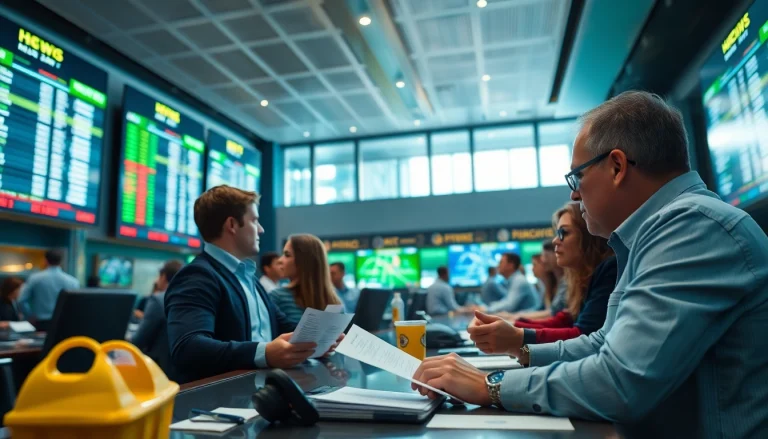 Engaged bettors analyzing live odds in a professional sports betting environment.