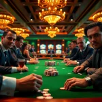 Intense poker game atmosphere featuring players making strategic moves at a casino table.