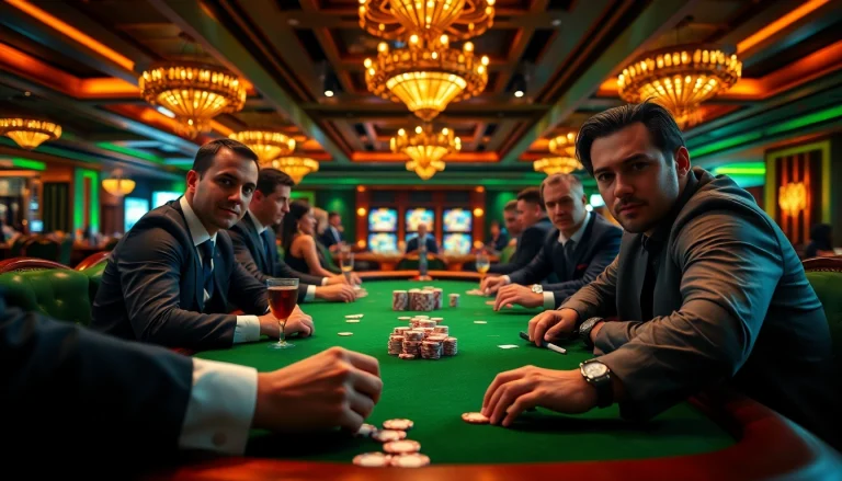 Intense poker game atmosphere featuring players making strategic moves at a casino table.
