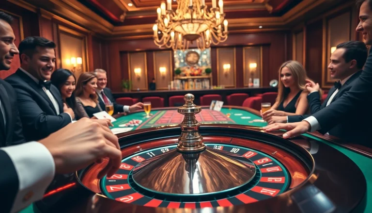 Exciting roulette table game in a casino, showcasing players engaged in betting.