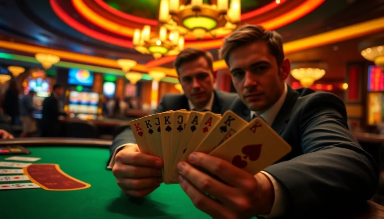 Win at Blackjack Casino with a focus on skilled player and vibrant casino atmosphere.