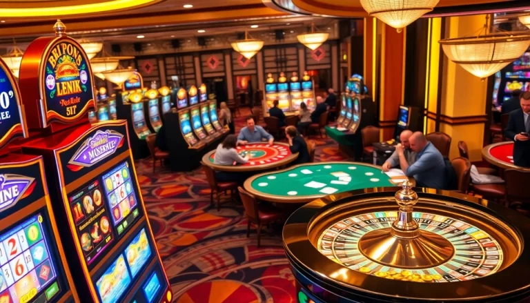 Players enjoying vibrant slot machines amid a luxurious casino atmosphere.