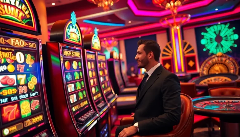 Player enjoying a thrilling slot machine experience in a vibrant casino setting.