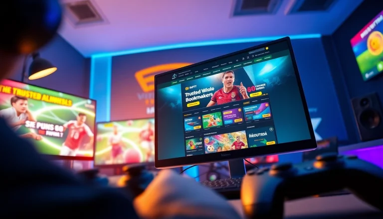 Engaging nhacaiuytin website scene showcasing trusted bookmakers with exciting promotions and a modern gaming setup.