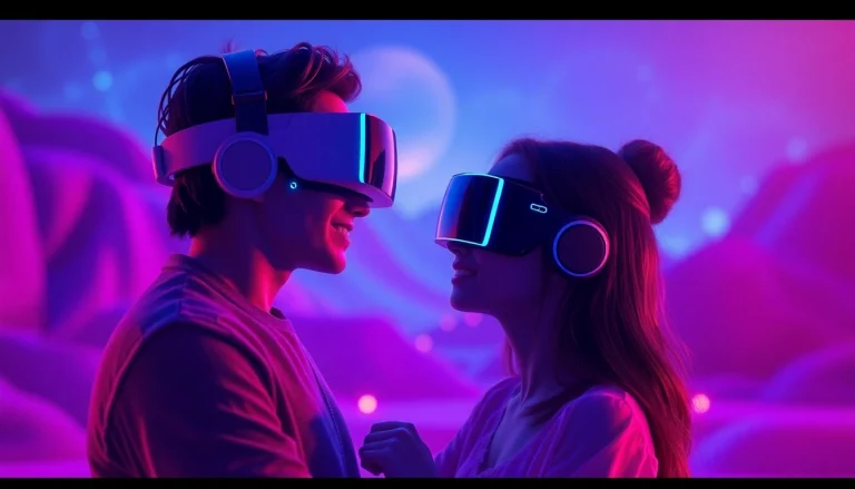 AI NSFW character interaction in a virtual reality setting with vibrant colors and digital ambiance.