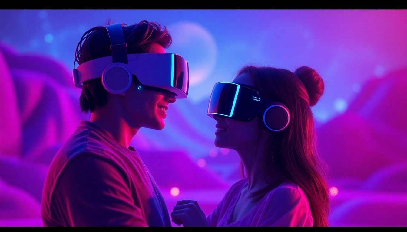 AI NSFW character interaction in a virtual reality setting with vibrant colors and digital ambiance.