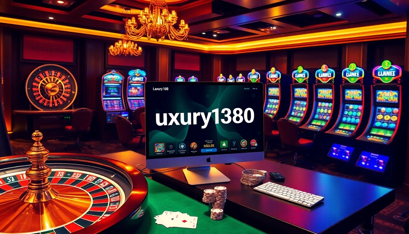 Luxury138 platform display featuring poker chips and roulette wheels for online gaming excitement.