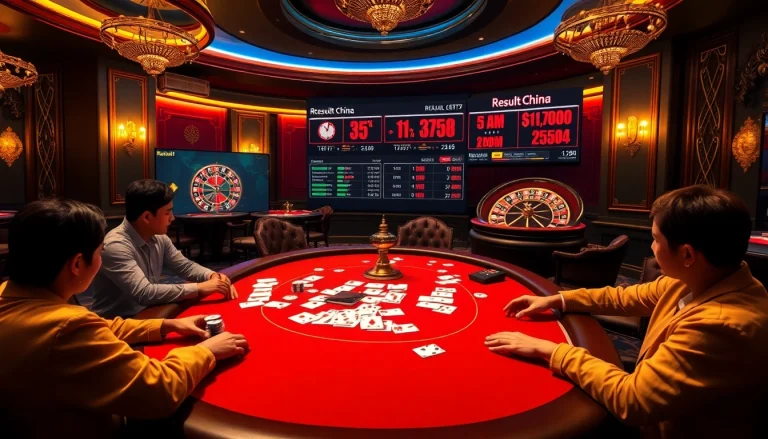 Experience a thrilling poker game while reviewing the latest result china in a vibrant casino.
