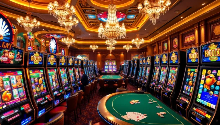 Thrilling slot players celebrating a big win at an extravagant casino floor.