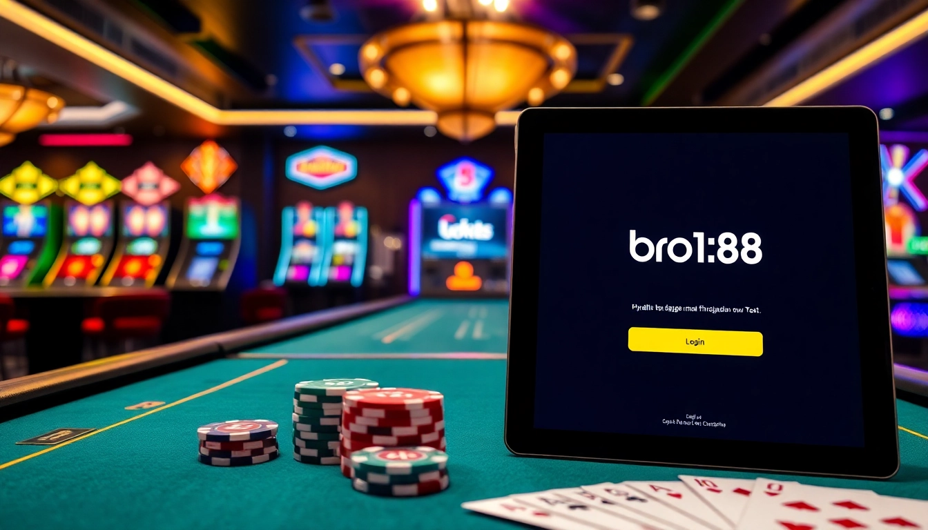 Experience thrilling gaming with bro138 login on a luxurious casino interface featuring poker chips and cards.