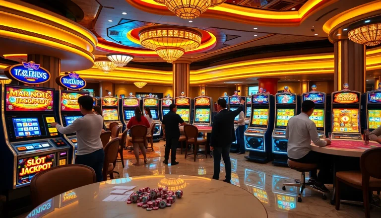 Excited players enjoying slot gacor terpercaya at a luxurious casino, surrounded by vibrant machines and chips.