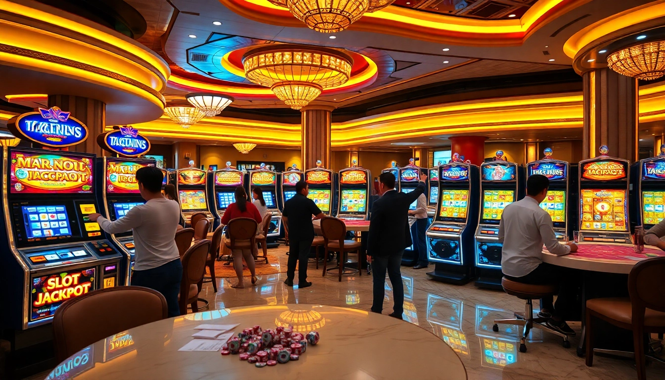 Excited players enjoying slot gacor terpercaya at a luxurious casino, surrounded by vibrant machines and chips.