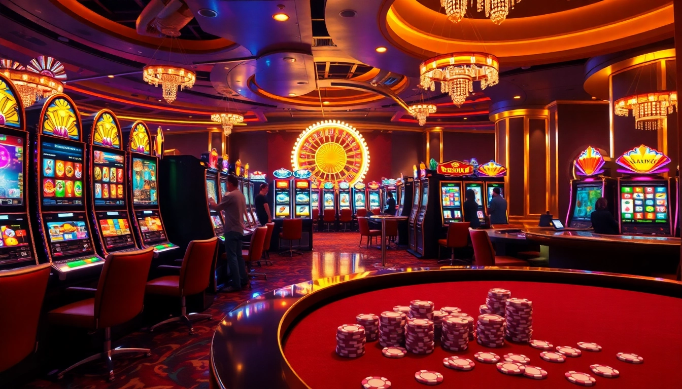 Players joyfully spinning slot machines in a lively casino atmosphere with vibrant lighting and exciting reels.