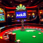 Experience the thrill of Luck8 with players at a luxurious casino roulette table, surrounded by excitement.