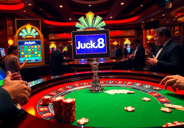 Experience the thrill of Luck8 with players at a luxurious casino roulette table, surrounded by excitement.