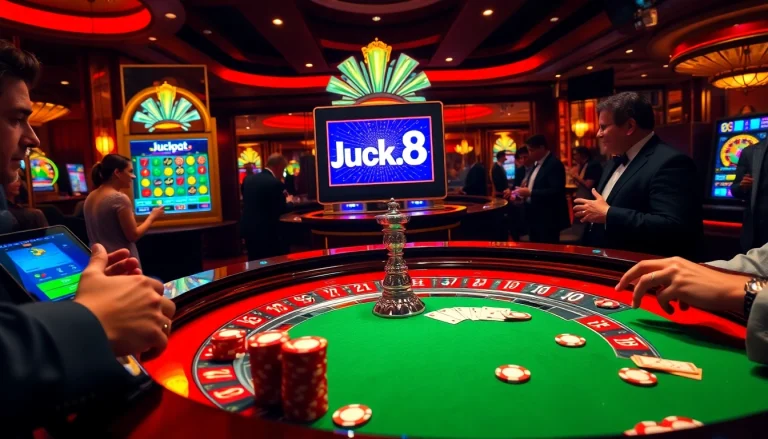 Experience the thrill of Luck8 with players at a luxurious casino roulette table, surrounded by excitement.