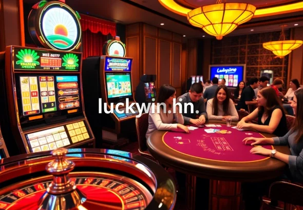 Experience thrilling online gaming at https://luckywin.hu.net/ with a vibrant casino scene highlighting big wins.