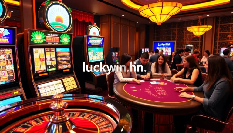 Experience thrilling online gaming at https://luckywin.hu.net/ with a vibrant casino scene highlighting big wins.