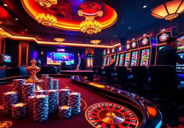 Exciting LC88 casino scene with poker chips and online gaming interface showcasing strategic gameplay.