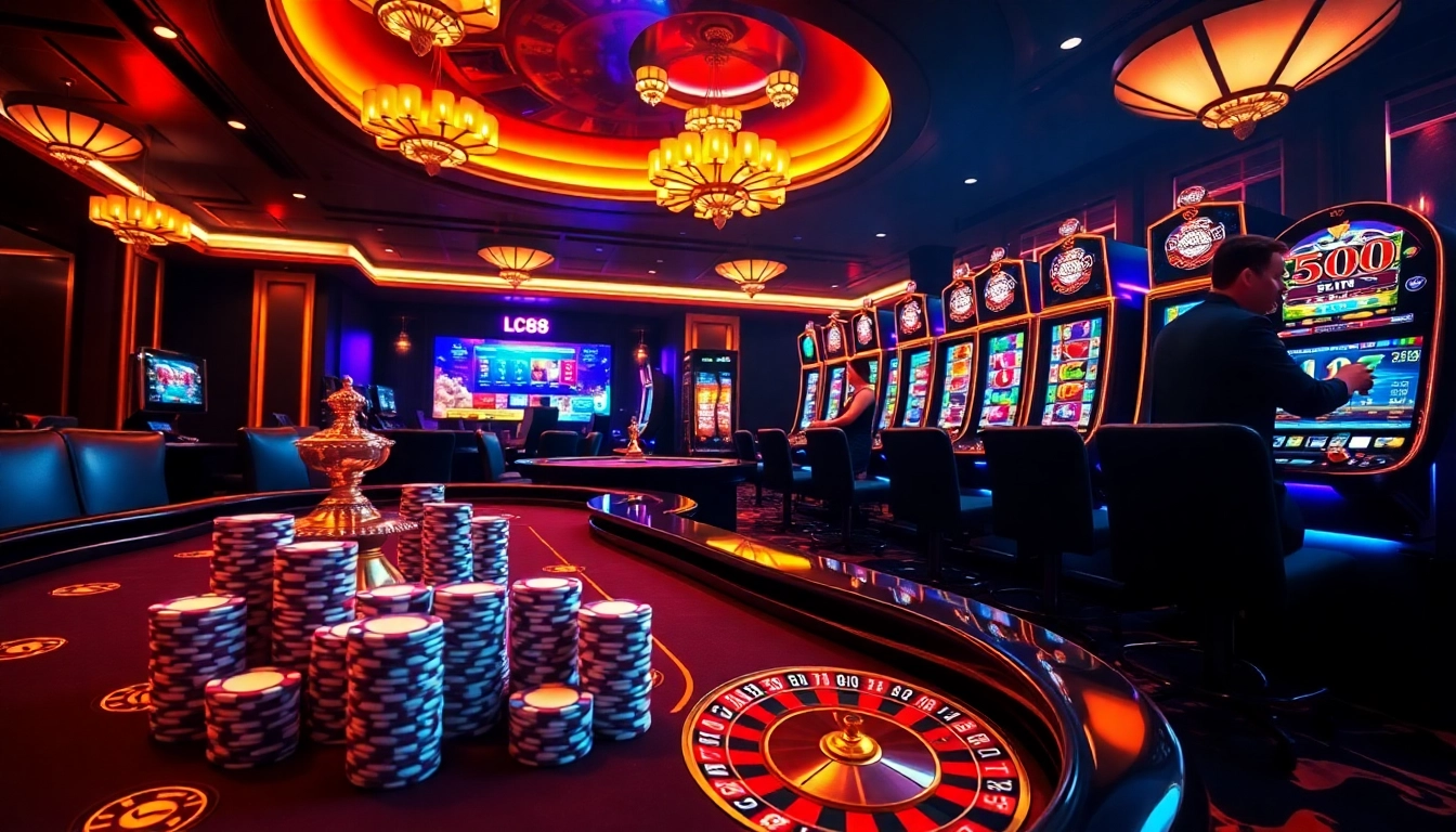 Exciting LC88 casino scene with poker chips and online gaming interface showcasing strategic gameplay.